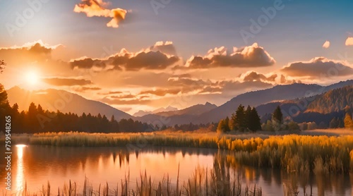 Wallpaper Mural A dreamy and idyllic scene, with a golden sun setting behind a backdrop of towering mountains Torontodigital.ca