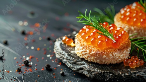 Orange caviar on cracker with herbs on the dark background.