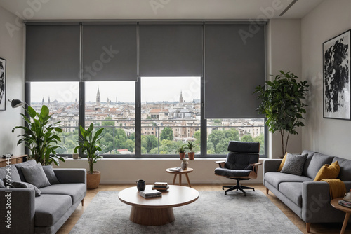Gray blackout roller blind on windows in stylish modern living room. Shutters on the plastic window.