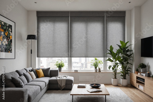Gray blackout roller blind on windows in stylish modern living room. Shutters on the plastic window.