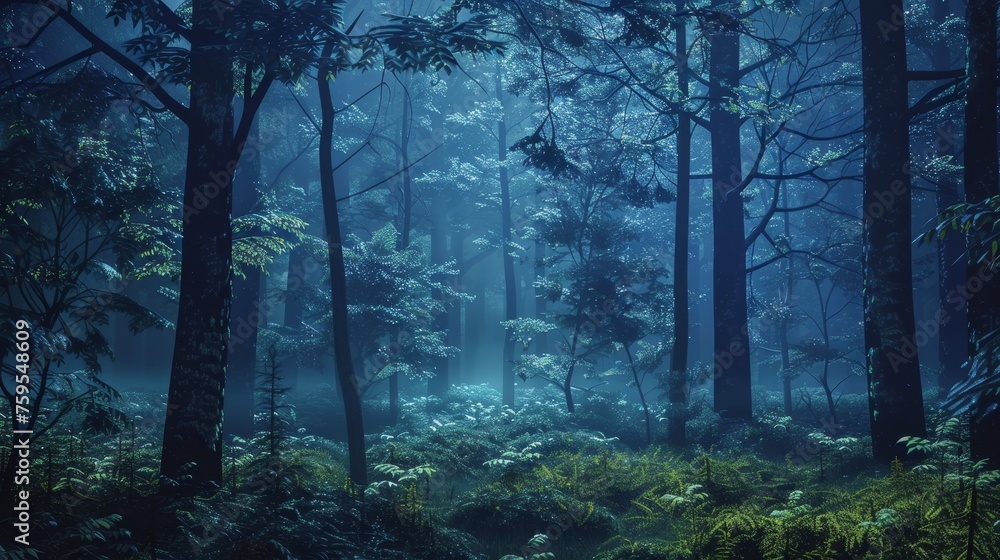 The forest with deep blues and neon greens The forest with deep blues and neon greens