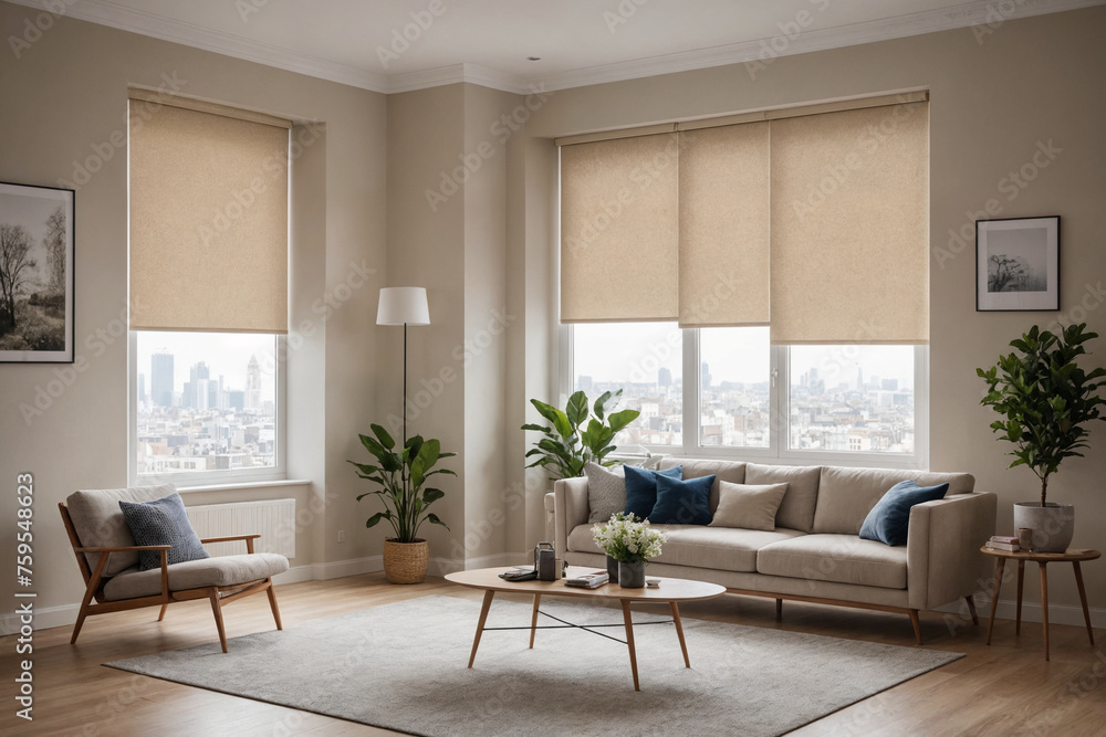 Fototapeta premium Beige blackout roller blind on windows in stylish modern living room. Shutters on the plastic window.
