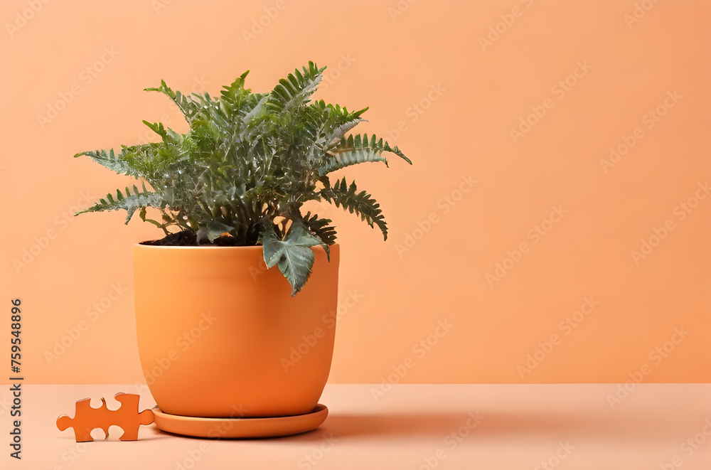Fototapeta premium A plant is growing on a jigsaw puzzle pot on orange background with copy space. Concept of pot plant jigsaw puzzle. House plants and gardening concept. Ecology concept. Find new solutions