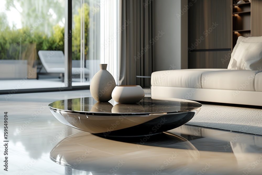 3D Render Close-up of a Sleek Coffee Table in a Contemporary Living Room.