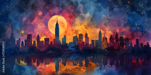 A vibrant city skyline background in acrylic painting style_02