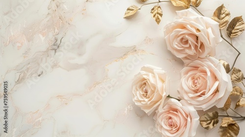 White Marble Background with Blush Pink Roses and Gold Leaf Accents