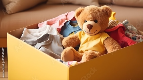 Caixa de doação com roupas usadas e boneca em casa para apoiar a ajuda aos pobres do mundo  © Arshad