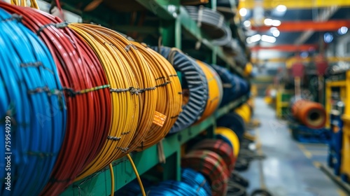 Wires and cables in coils, photos of cable production in the factory,  photo