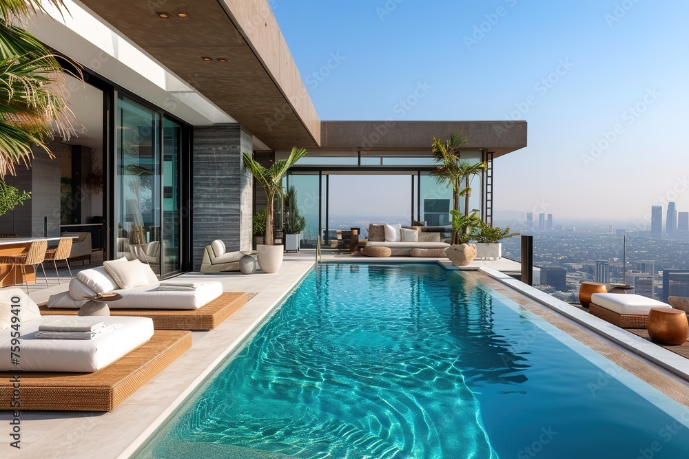 A stylish and sophisticated penthouse pool area in a Los Angeles villa, boasting mid-century modern architecture, sleek lines, and panoramic views of the city.