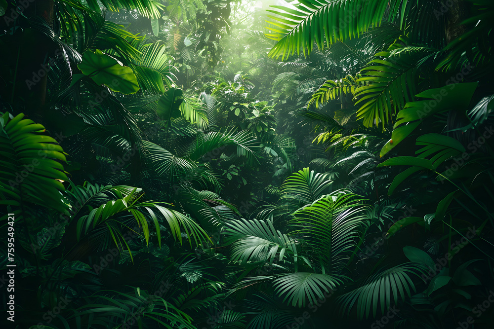 A dense rainforest with lush green foliage, depicting the vibrant atmosphere of a tropical jungle.