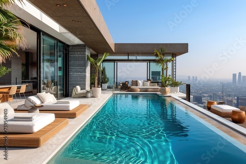 A stylish and sophisticated penthouse pool area in a Los Angeles villa, boasting mid-century modern architecture, sleek lines, and panoramic views of the city. © abstract Art