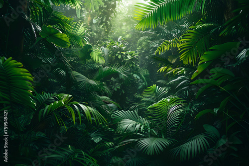 A dense rainforest with lush green foliage  depicting the vibrant atmosphere of a tropical jungle.