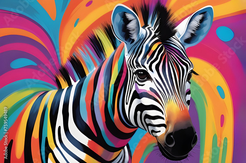 Multicoloured abstract zebra stands out against splattered paint background. Perfect for banner  or poster  home decor  sticker. 