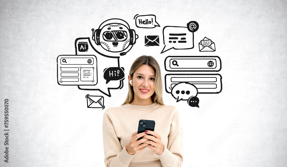 Smiling woman using smartphone and chat bot doodle with communication icons - obrazy, fototapety, plakaty 