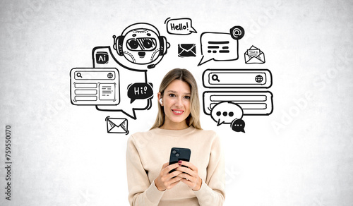 Smiling woman using smartphone and chat bot doodle with communication icons