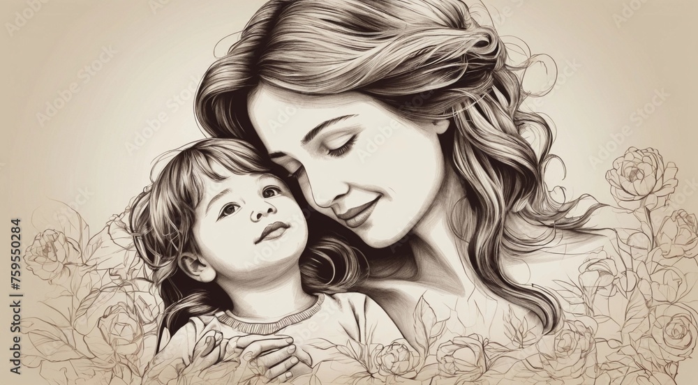 Mother's Day card with drawn outlines of mother and child, suitable for design and advertising.. Empty space Mother's Day card with drawn outlines of mother and child, suitable for design and advertising.. Empty space
