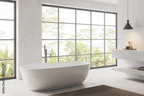 Corenr view of modern bathroom interior with bathtub and panoramic window
