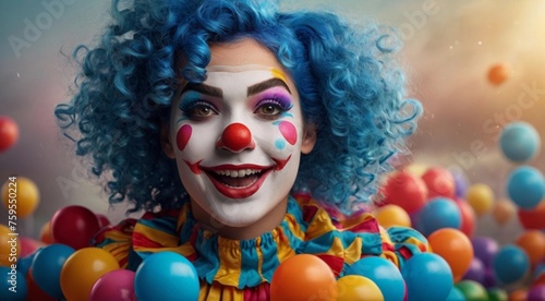 Happy clown girl with curly colored hair.