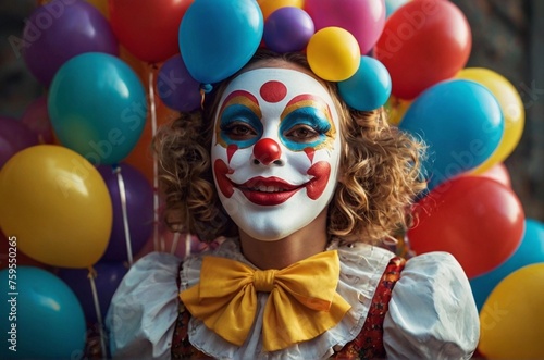 Happy clown girl with curly hair, against the background of balloons.