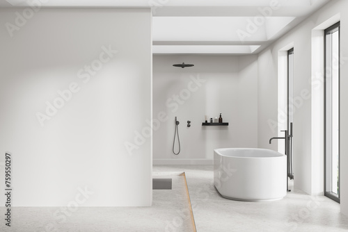 Elegant stylish home bathroom interior with tub and shower  mock up wall