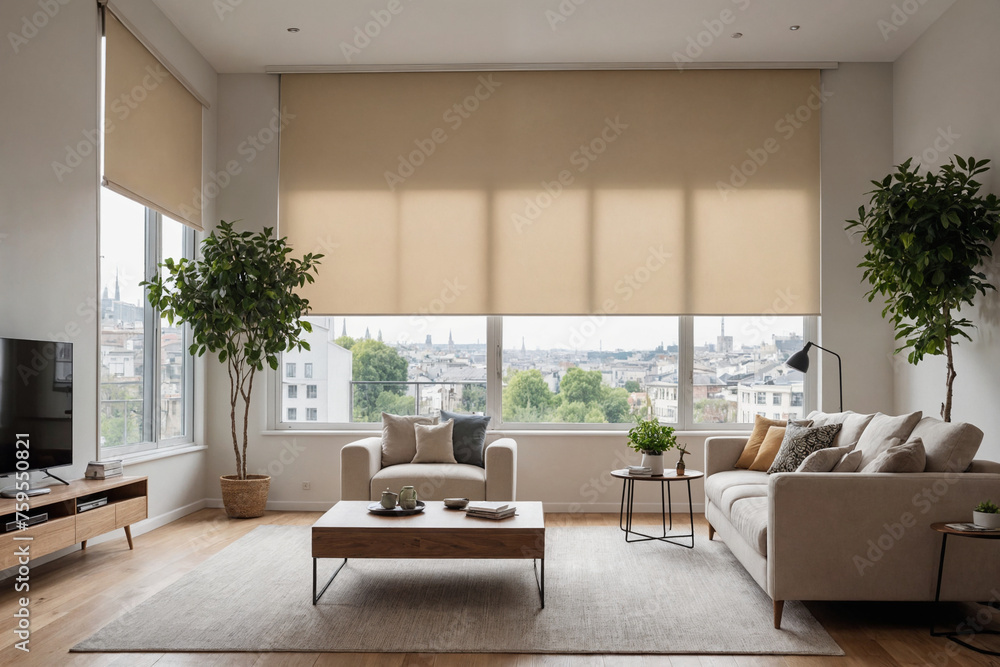 Beige blackout roller blind on windows in stylish modern living room. Shutters on the plastic window. Beige blackout roller blind on windows in stylish modern living room. Shutters on the plastic window.