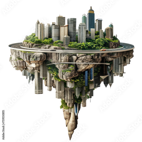 flying island with road and modern city isolate on transparency background PNG