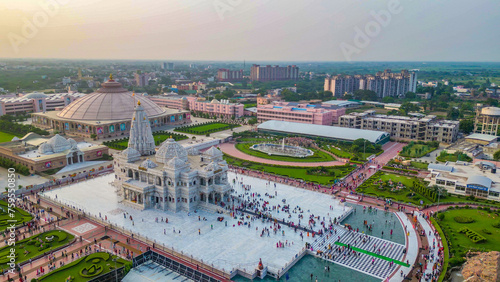 Aerial view Prem Mandir mathura, This Hindu temple in Vrindavan, Mathura, India. It is maintained by Jagadguru Kripalu Parishat, DJI mini 3pro