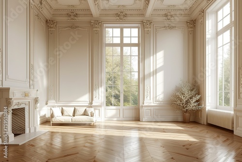 Cozy posh luxurious interior design of room without furniture with wooden classic parquet floor, tall ceiling, french windows, fireplace, white panel walls, parisian look. Background