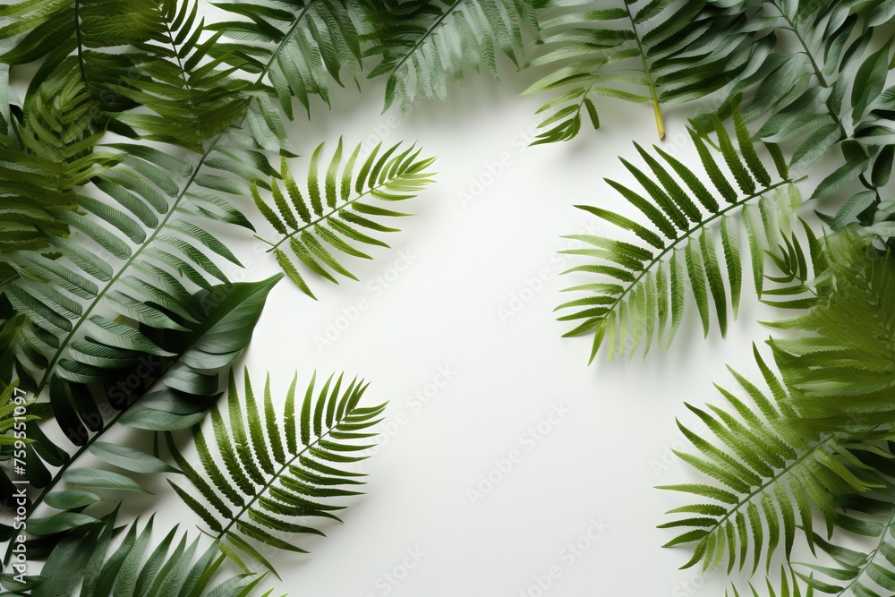 Green fern leaves on white background, top view with copy space.