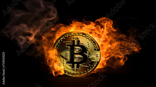 Golden bitcoin burning in flames