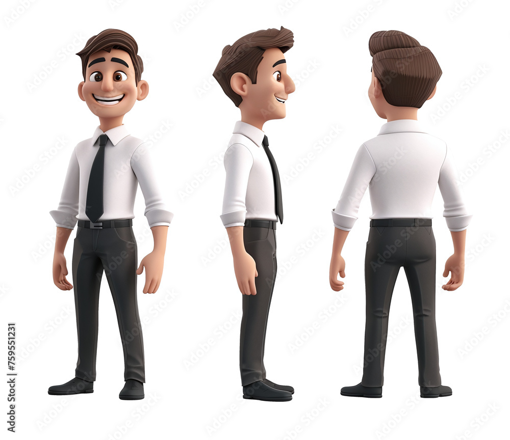 set of 3d cartoon of happy business man character with white shirt and necktie standing, isolated, transparent background png
