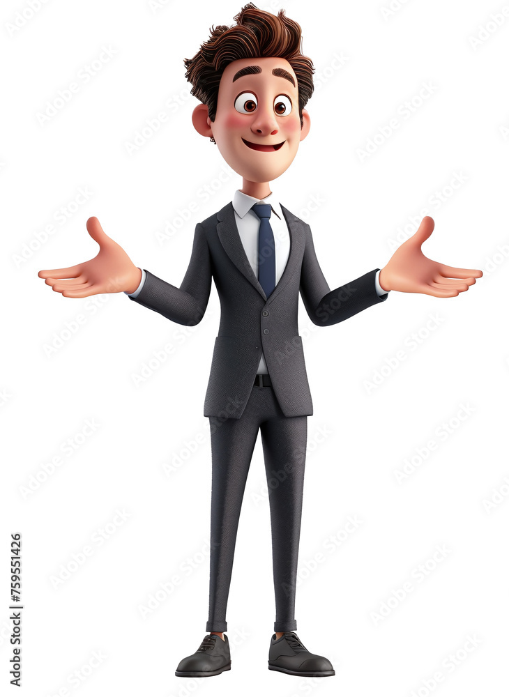 3d young business man wearing black suit and tie with a happy face and open arms warm welcoming, isolated on transparent PNG background. 3d young business man wearing black suit and tie with a happy face and open arms warm welcoming, isolated on transparent PNG background.