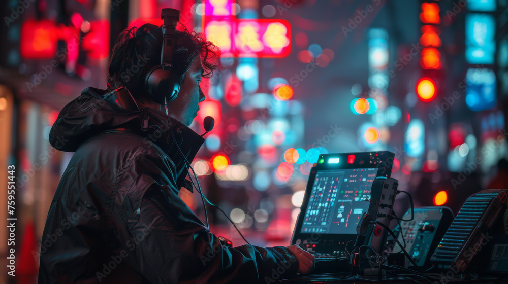 A man is sitting in front of a computer with a microphone on his head A man is sitting in front of a computer with a microphone on his head