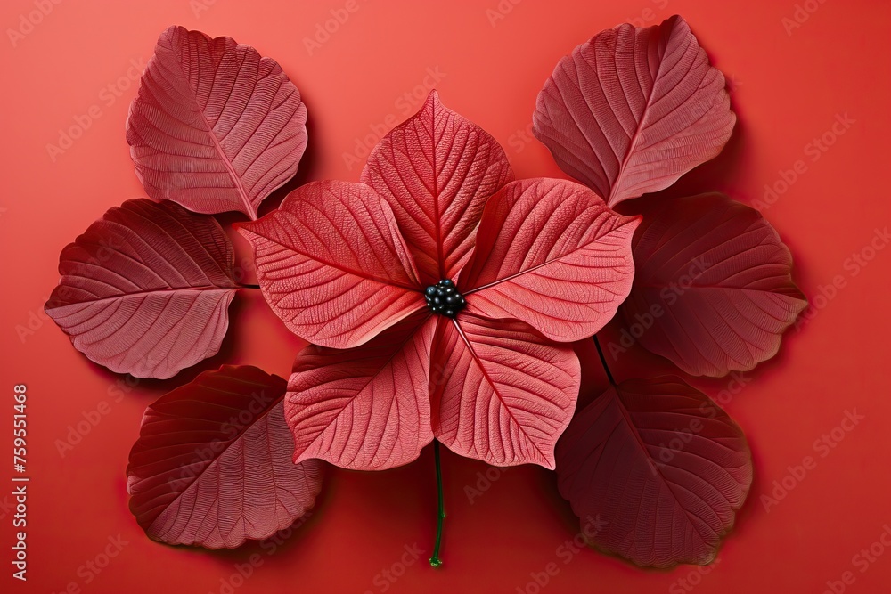 Red begonia leaves on a red background.