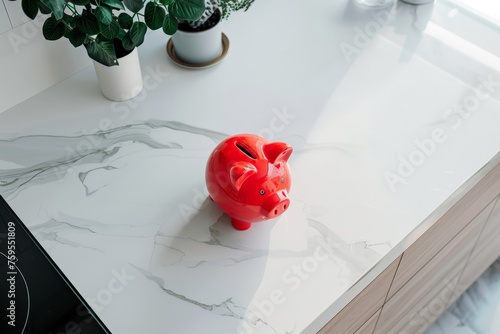 a red piggy bank standing on a modern white marble kitchen couner photo