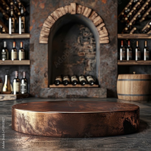 Aged Copper Podium Mockup in Wine Cellar, Front View Display for Vintage Charm
 photo