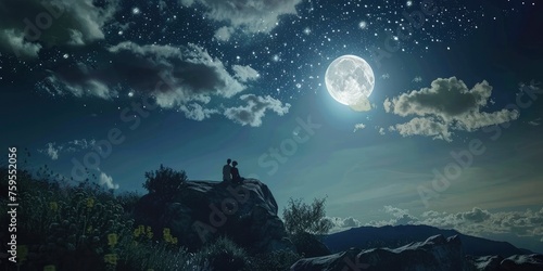 Moonlit Romance. Embracing Love Beneath the Starry Mountain Sky.