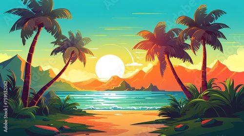 Tropical island with palm trees. Summer vacation illustration. photo