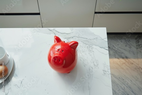 a red piggy bank standing on a modern white marble kitchen couner photo