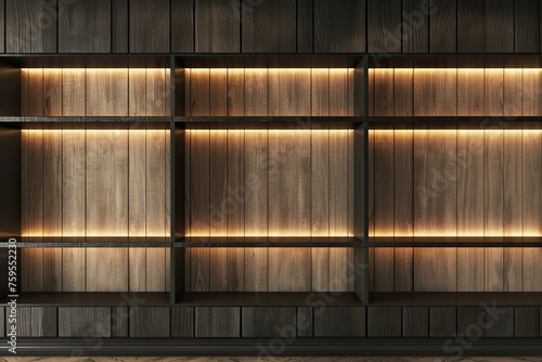 modern ebony empty bookshelf on light brown wooden wall with light