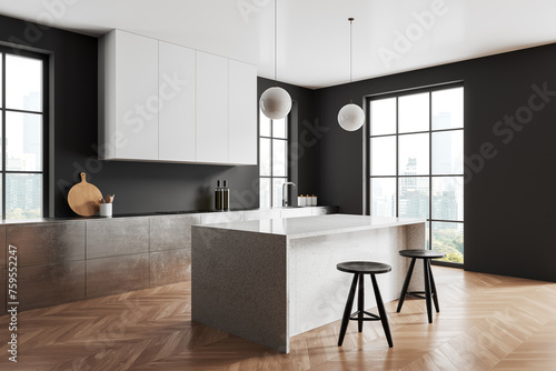 Corner view of home kitchen interior with bar island and stool, white and metal cooking cabinet with kitchenware. Panoramic window on Bangkok skyscrapers. 3D rendering