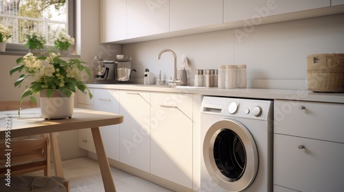 Interior of light kitchen with washing machine, laundry basket and white counters