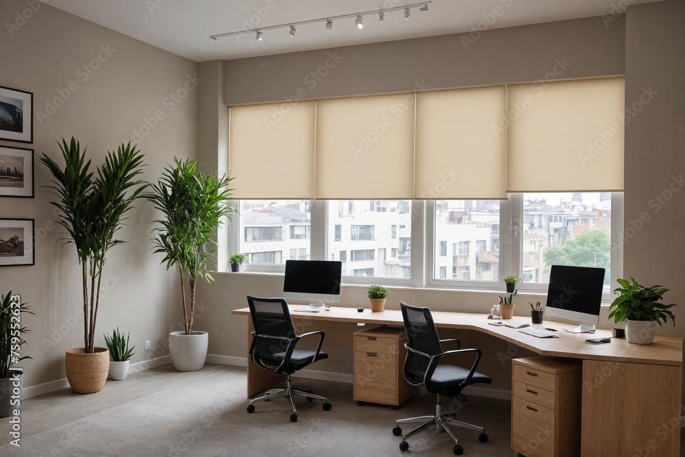 Beige blackout roller blind on windows in stylish modern office. Shutters on the plastic window. Beige blackout roller blind on windows in stylish modern office. Shutters on the plastic window.