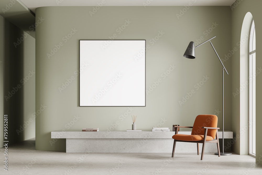 Fototapeta premium Elegant home relax room interior with armchair and decoration, mockup frame