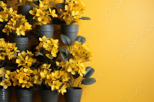 Yellow Kalanchoe flowers from a ficus leaf on a yellow background.