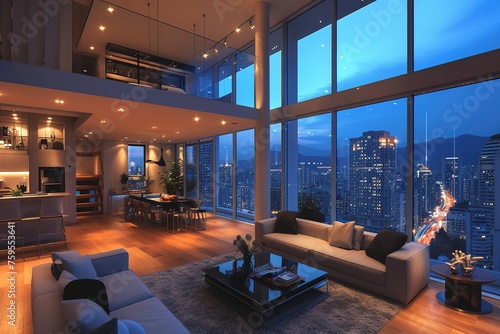 Living room with a view. A luxurious living room in a penthouse with floor-to-ceiling windows offering a stunning view of the city skyline at night.