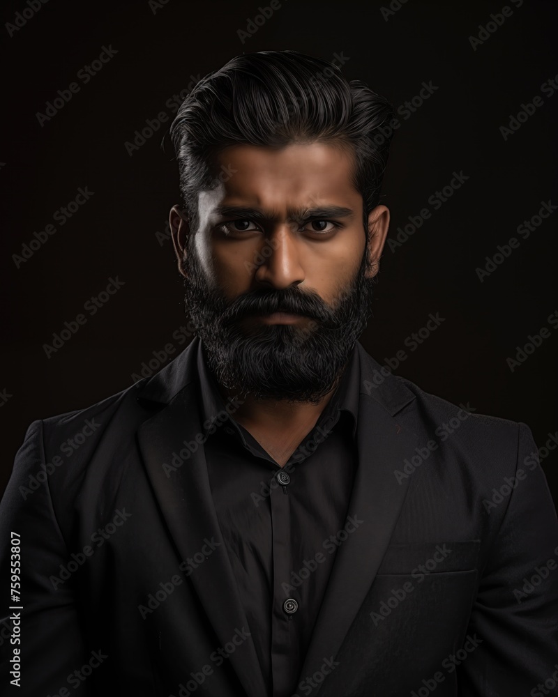 A bearded Indian guy standing inside a studio with dark background and looking serious into the camera A bearded Indian guy standing inside a studio with dark background and looking serious into the camera