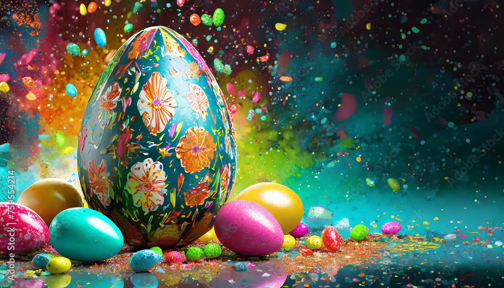 A big easter egg decorated with flower design and colorful eggs with candy splash background, for easter day. poster A big easter egg decorated with flower design and colorful eggs with candy splash background, for easter day. poster