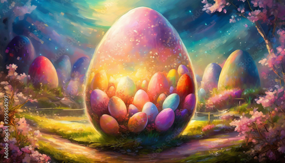 Easter eggs in a big easter egg for easter day poster, multicolored light gauzy atmospheric landscape.  - obrazy, fototapety, plakaty 