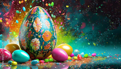 A big easter egg decorated with flower design and colorful eggs with candy splash background, for easter day. poster